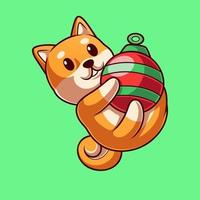 lindo shiba sosteniendo una ilustración de dibujos animados de bombilla. concepto navideño de shiba inu. estilo de dibujos animados plana vector