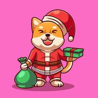 Cute Shiba Inu Santa Clause Cartoon Illustration. Shiba Inu Christmas Concept. Flat Cartoon Style vector