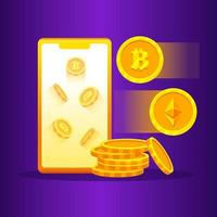 Cryptocurrency golden bitcoins, Ethereum, Solana on Mobile. Digital coins concept flat design vector