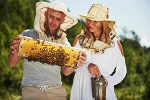 Two beekeepers works with honeycomb full of bees outdoors at sunny day. Man and woman photo