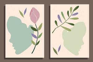 caras de mujeres sobre fondo beige. forma de cara abstracta. flores y hojas. color pastel feminidad vector