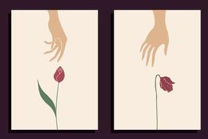 Abstract hands with flowers. Minimal modern art. Ecology concept. Be tender with flowers. Hand drawn art vector