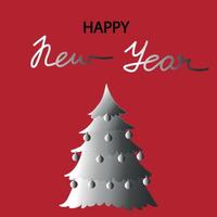 Happy New Year greeting card. Handwriting with hand drawn holiday tree. Silver letters on red background vector