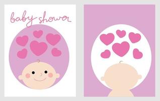 Baby shower greeting card. For baby shower party. Baby face in round shape frame with hearts and hand drawn text. Cute hand drawn in both sides of greeting card. Suitable for pregnant vector