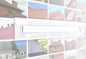 Visualization of the search bar on the background of a collage of many pictures with fragments of various types of roofing. Set of images with roofs photo