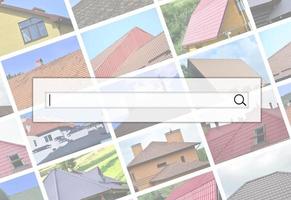 Visualization of the search bar on the background of a collage of many pictures with fragments of various types of roofing. Set of images with roofs photo