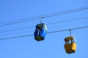 cabinas de teleférico de pasajeros azules y amarillas en el cielo despejado foto