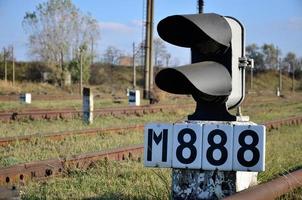 Railroad sign with the railway background photo