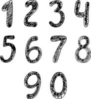 Hand drawn numbers from Zero to Nine. Black simple line with strokes. Vector art