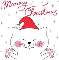 lindo gato blanco sonriente con sombrero de vacaciones con frase dibujada a mano feliz navidad y copos de nieve. aislado en blanco vector