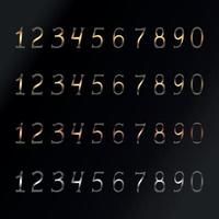 Set of numbers from Zero to Nine in different metall colors. Gold. Bronze. Silver. Black background. Hand drawn numbers. Vector art