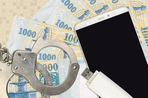 1000 Hungarian forint bills and smartphone with police handcuffs. Concept of hackers phishing attacks, illegal scam or malware soft distribution photo