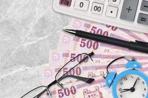 500 Hungarian forint bills and calculator with glasses and pen. Business loan or tax payment season concept. Time to pay taxes photo