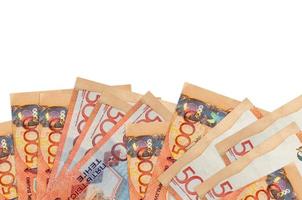 5000 Kazakhstani tenge bills lies on bottom side of screen isolated on white background with copy space. Background banner template photo