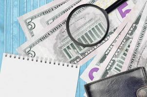 5 US dollars bills and magnifying glass with black purse and notepad. Concept of counterfeit money. Search for differences in details on money bills to detect fake photo