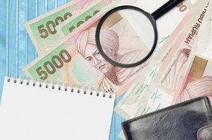 5000 Indonesian rupiah bills and magnifying glass with black purse and notepad. Concept of counterfeit money. Search for differences in details on money bills to detect fake photo