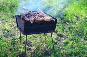 Poor and improper cooking meat on fire. Toasted meat with overcooked crust photo