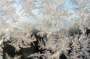 Snowflakes frost rime macro on window glass pane photo