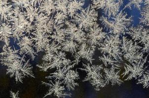 Snowflakes frost rime macro on window glass pane photo