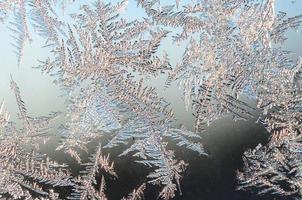 Snowflakes frost rime macro on window glass pane photo