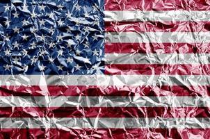 United States of America flag depicted in paint colors on shiny crumpled aluminium foil closeup. Textured banner on rough background photo