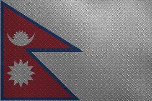 Nepal flag depicted in paint colors on old brushed metal plate or wall closeup. Textured banner on rough background photo