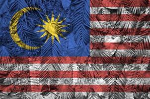 Malaysia flag depicted on many leafs of monstera palm trees. Trendy fashionable backdrop photo