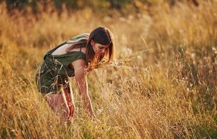 una chica hermosa camina por el campo con hierba alta y recogiendo flores. increíble luz del sol foto