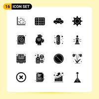 Pack of 16 creative Solid Glyphs of analysis vehicle configuration medical vehicles roadster Editable Vector Design Elements