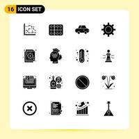 Pack of 16 creative Solid Glyphs of analysis vehicle configuration medical vehicles roadster Editable Vector Design Elements