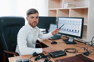 Do you feel anxiety, results shows that you are. Polygraph examiner works in the office with his lie detector's equipment photo