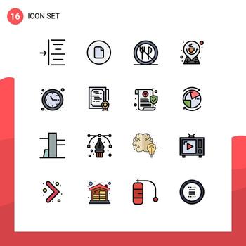 16 Universal Flat Color Filled Line Signs Symbols of optimization map food location cup Editable Creative Vector Design Elements