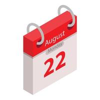 Calendar 22 august holiday icon, isometric style vector