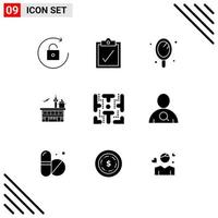 9 Thematic Vector Solid Glyphs and Editable Symbols of game maze salon transportation transit Editable Vector Design Elements
