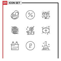 Outline Pack of 9 Universal Symbols of megaphone idea diamond space globe Editable Vector Design Elements