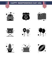 feliz día de la independencia paquete de 9 glifos sólidos signos y símbolos para globos estrella películas de seguridad silla elementos de diseño vectorial editables del día de EE. UU. vector