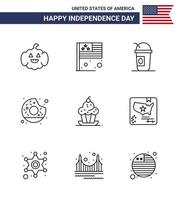 9 USA Line Signs Independence Day Celebration Symbols of muffin cake american food round Editable USA Day Vector Design Elements
