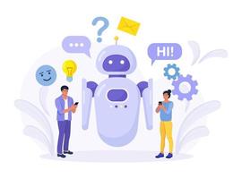 personas diminutas chateando con la aplicación chatbot. asistente de robot ai, atención al cliente en línea. asistente virtual de bot de chat a través de ingeniería de información de mensajería, inteligencia artificial y concepto de preguntas frecuentes vector