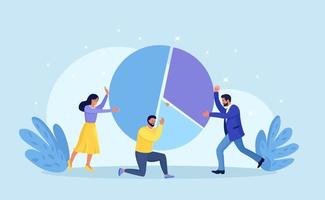 Business people connecting jigsaw puzzle elements. Statistics and business report. Showing market share percentage with pie chart. Business teamwork, cooperation, partnership. Team building vector