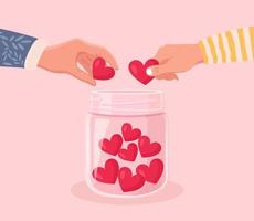 Volunteers hands holding heart symbol and put hearts in a glass jar. Give and share your love, hope, support to people. Charity, donation and generous social community vector