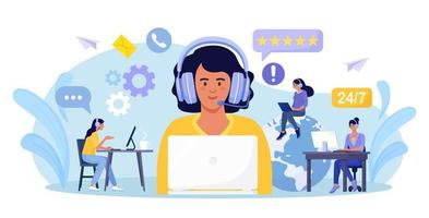 Customer support. Contact us. Woman with headphones and microphone with laptop talking with clients. Personal assistant service, hotline operator advises customer, online global technical support vector