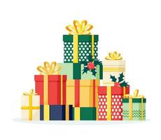 venta de Navidad. pila de cajas de regalo, regalos con cinta, arco, banderas festivas aisladas en fondo blanco. concepto de compras de navidad. sorpresa para aniversario, cumpleaños, boda, año nuevo vector