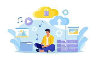 Cloud computing, online database, web hosting. People storing data and processing data on web server. Man using computer upload and download information on cloud storage vector