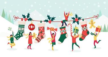 Happy People Celebrating Christmas Party. Characters Puts Gifts, Sweets in Big Festive Socks. Preparation for Winter Holidays. Xmas Eve. Merry Christmas and New Year vector