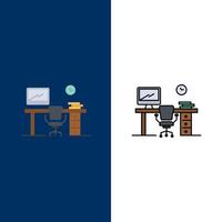 silla de espacio de oficina mesa de oficina iconos de sala plano y lleno de línea conjunto de iconos vector fondo azul