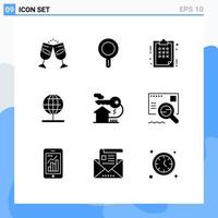9 Universal Solid Glyph Signs Symbols of house world plan stand globe Editable Vector Design Elements