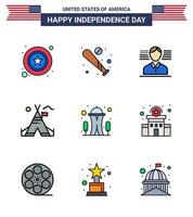 9 USA Flat Filled Line Pack of Independence Day Signs and Symbols of landmark american usa camp tent free Editable USA Day Vector Design Elements