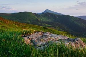 cerca de la roca en la colina. majestuosas montañas de los cárpatos. Precioso paisaje. vista impresionante foto