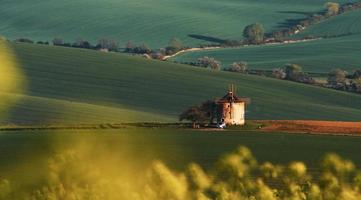 Majestic landscape of field in the evening. Windmill in the center of meadow photo