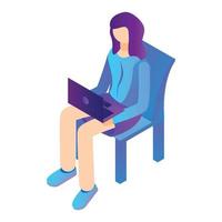 Girl sit with laptop on chair icon, isometric style vector